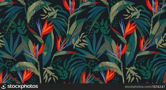 Abstract art seamless pattern with tropical leaves and flowers. Modern exotic design for paper, cover, fabric, interior decor and other users.. Abstract art seamless pattern with tropical leaves and flowers.