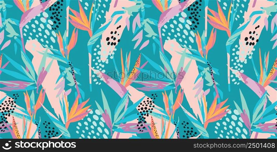 Abstract art seamless pattern with tropical leaves and flowers. Modern exotic design for paper, cover, fabric, interior decor and other users.. Abstract art seamless pattern with tropical leaves and flowers. Modern exotic design