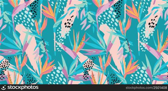 Abstract art seamless pattern with tropical leaves and flowers. Modern exotic design for paper, cover, fabric, interior decor and other users.. Abstract art seamless pattern with tropical leaves and flowers. Modern exotic design