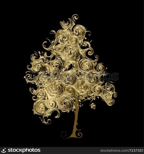 Abstract art tree drawing made from golden curls