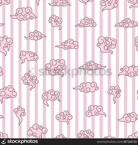 Abstract asian clouds seamless pattern. Decorative oriental elements on striped background. Trendy pink colorful print, stylish vector design template. Illustration of traditional asian cloud pattern. Abstract asian clouds seamless pattern. Decorative oriental elements on striped background. Trendy pink colorful print, stylish vector design template