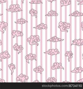 Abstract asian clouds seamless pattern. Decorative oriental elements on striped background. Trendy pink colorful print, stylish vector design template. Illustration of traditional asian cloud pattern. Abstract asian clouds seamless pattern. Decorative oriental elements on striped background. Trendy pink colorful print, stylish vector design template