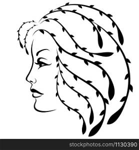 Abstract attractive and charming woman with floral hair, side view, isolated on the white background, black vector hand drawing