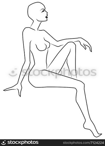 Abstract attractive and sensual lady sitting in beautiful pose, hand drawing outline, black vector isolated on the white background