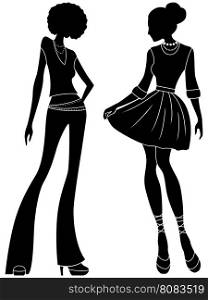 Abstract attractive slender ladies black stencil silhouettes, hand drawing stylized vector illustration