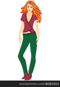 Abstract attractive slender woman with red wavy hair standing and posing in green trousers and in marsala color blouse and shoes, vector illustration