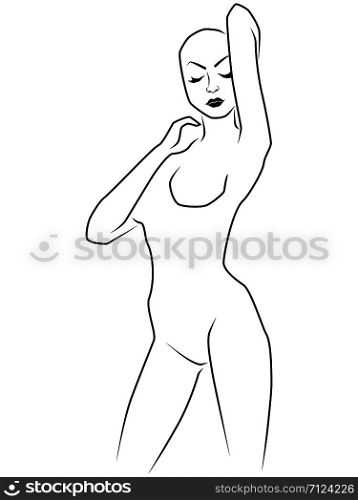 Abstract attractive woman with bald head and closed eyes isolated on the white background, hand drawing outline