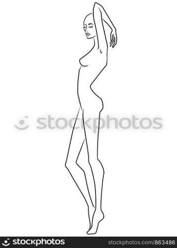 Abstract attractive woman with bald head and closed eyes isolated on the white background, view on side, hand drawing outline