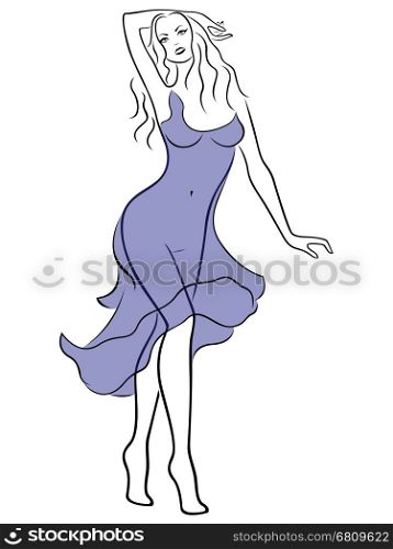 Abstract attractive young graceful women in blue dress, vector illustration