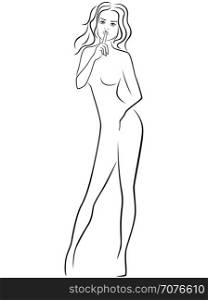 Abstract attractive young slender lady with long legs standing and gesticulated with her finger at lips, hand drawn vector outline