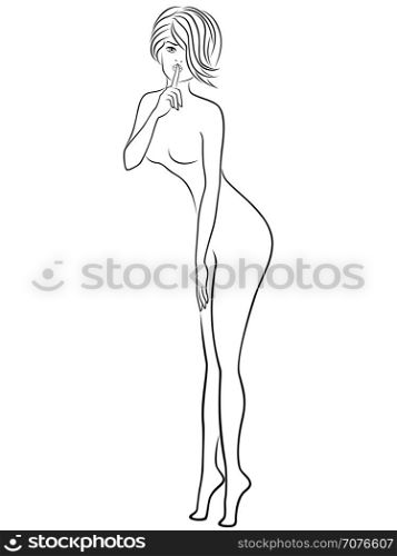 Abstract attractive young slim lady in mishap and gesticulated with her finger at lips, hand drawn vector outline