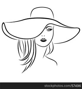 Abstract attractive young women in hat portrait close-up, vector black outline
