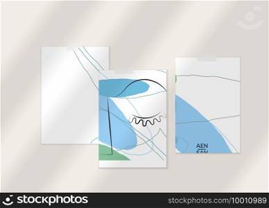 Abstract authentic portrait on modern card set template. One line continuous hand drawn doodle vector artwork. Contemporary composition in modern cubism art style. Mock up with shadow overlay.