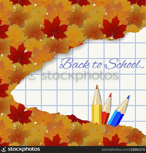 Abstract autumn background with maple leaves and pencils