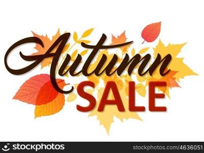 "Abstract autumn background with yellow and red falling leaves. "Autumn sale" lettering."