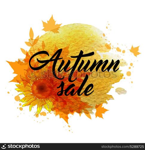 "Abstract autumn background with yellow sunflowers and falling maple leaves. "Autumn sale" lettering and yellow watercolor blots."