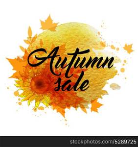 "Abstract autumn background with yellow sunflowers and falling maple leaves. "Autumn sale" lettering and yellow watercolor blots."