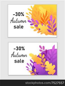 Abstract autumn backgrounds for seasonal sale. Orange and violet fall labels with decorative branches and oak leaves. Vector illustration