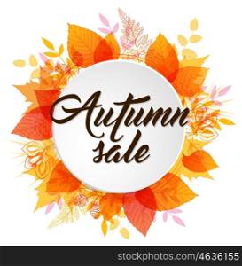 "Abstract autumn banner with orange and yellow falling leaves. "Autumn sale" lettering on a white round background."