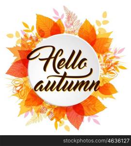 "Abstract autumn banner with orange and yellow falling leaves. "Hello autumn" lettering."