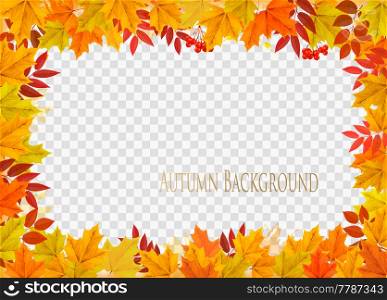 Abstract autumn frame with colorful leaves on transparent background. Vector