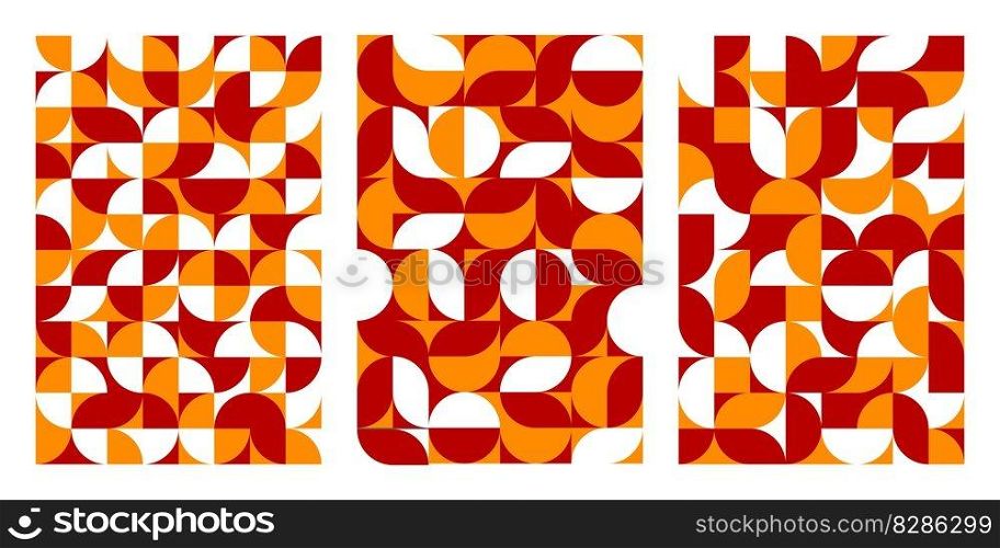 Abstract autumn modern geometric pattern background. Scandinavian circle grid, vector swatches with minimalistic geometry simple round shapes and figures in red, black and white fall palette colors. Abstract autumn geometric pattern background