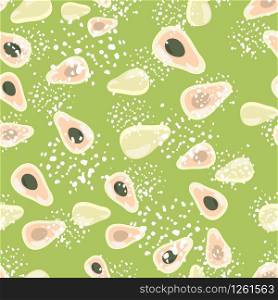 Abstract avocado seamless pattern on green background. Vegetarian healthy food backdrop. Design for fabric, textile print, wrapping paper, kitchen textiles. Modern vector illustration. Abstract avocado seamless pattern on green background.
