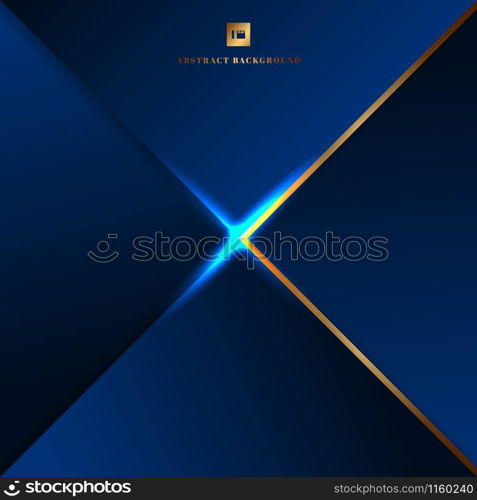 Abstract background blue geometric triangles and golden border with lighting effect. Vector illustration