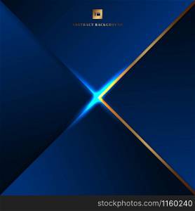 Abstract background blue geometric triangles and golden border with lighting effect. Vector illustration