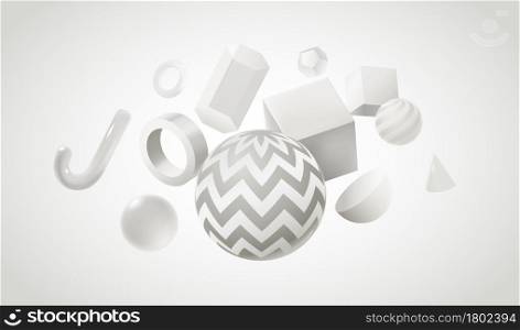 Abstract background design with 3d white geometric shapes. Graphic creative poster with realistic spheres and cubes. Vector geometry figures. Illustration of 3d geometric dynamic composition. Abstract background design with 3d white geometric shapes. Graphic creative poster with realistic spheres and cubes. Vector geometry figures