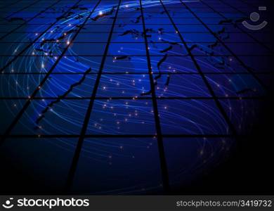 Abstract Background - Glowing Optical Fibers on Blue World Map