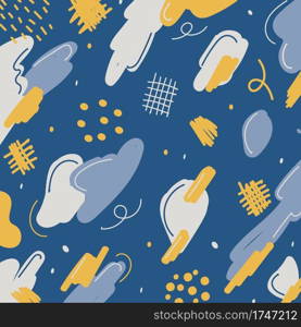 Abstract background hand drawn different brush pattern blue, white and yellow. Vector illustration