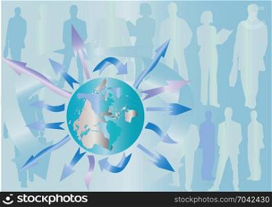 Abstract background in light blue tones with the continent outlines, arrows and people silhouettes