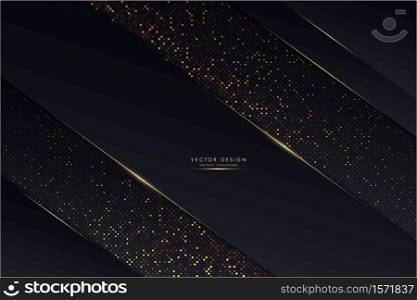 Abstract background.Luxury of dark blue with golden lines and circular glowing golden dots modern design.
