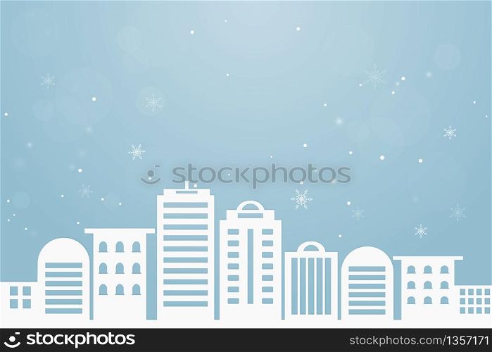 Abstract background. Merry Christmas and Happy New Year. Winter holiday snow at urban cityscape. paper art and craft style.