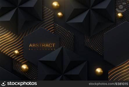 Abstract background of black hexagonal tiles textured with golden shiny patterns