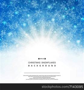 Abstract background of blue sky Christmas snowflakes pattern fantasy with classic sunburst. Illustration vector eps10