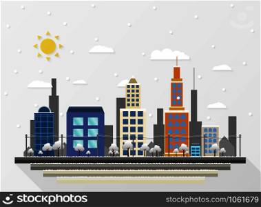 Abstract background of city view in Christmas festival time of snow fall from the sky. Illustration vector eps10
