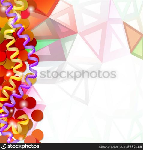 Abstract background of colored triangles with serpentine and confetti. Postcard for Christmas, birthday. Vector illustration.