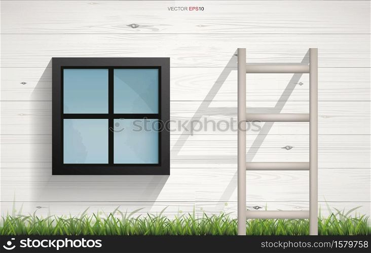 Abstract background of wooden Ladder and square window on wooden wall texture with horizontal slats wood wall of house. Vector illustration.