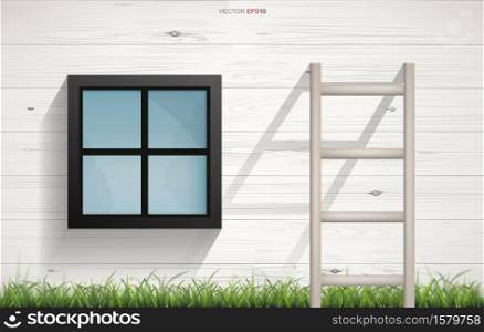 Abstract background of wooden Ladder and square window on wooden wall texture with horizontal slats wood wall of house. Vector illustration.