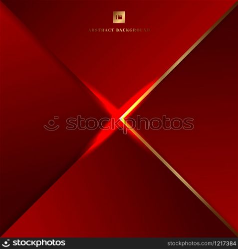 Abstract background red geometric triangles and golden border with lighting effect. Vector illustration