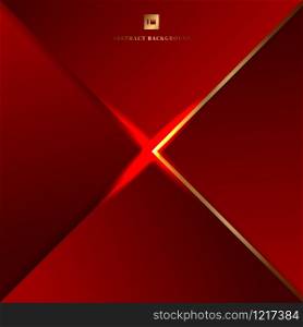 Abstract background red geometric triangles and golden border with lighting effect. Vector illustration