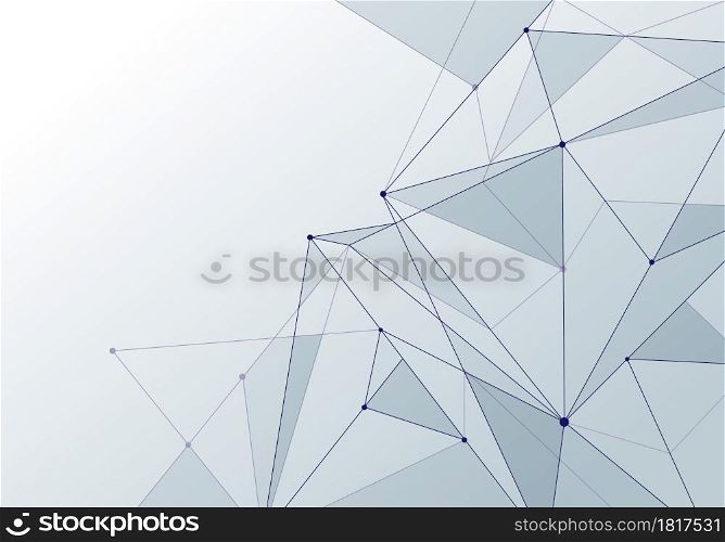 Abstract background technology style white low poly connection with nodes. Global data blockchain plexus future perspective backdrop. Vector illustration