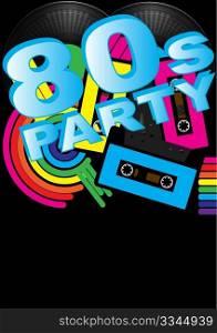Abstract Background - Vintage Vinyl Records, Audio Tapes and 80s Party Sign