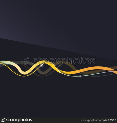 Abstract background. Wavy colorful swirly line on dark backdrop with light effects. Energy motion idea, business or techo minimal concept