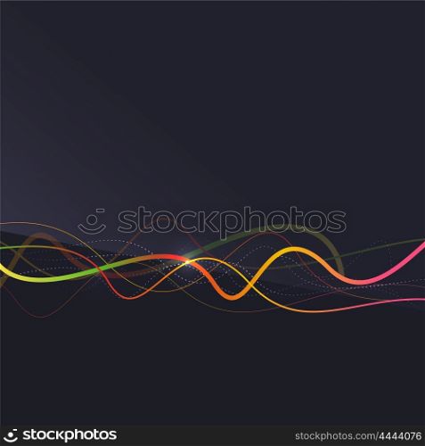 Abstract background. Wavy colorful swirly line on dark backdrop with light effects. Energy motion idea, business or techo minimal concept