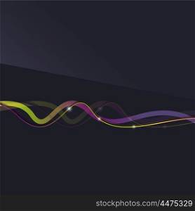 Abstract background. Wavy colorful swirly line on dark backdrop with light effects. Energy motion idea, business or techo minimal concept