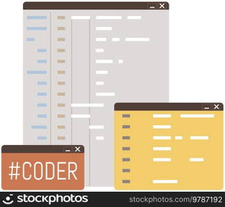 Abstract background web page with program code. Programming and coding technology concept. Program listing. Flat vector graphic element block scheme software development pattern coding system. Abstract background web page with program code. Programming and coding technology concept
