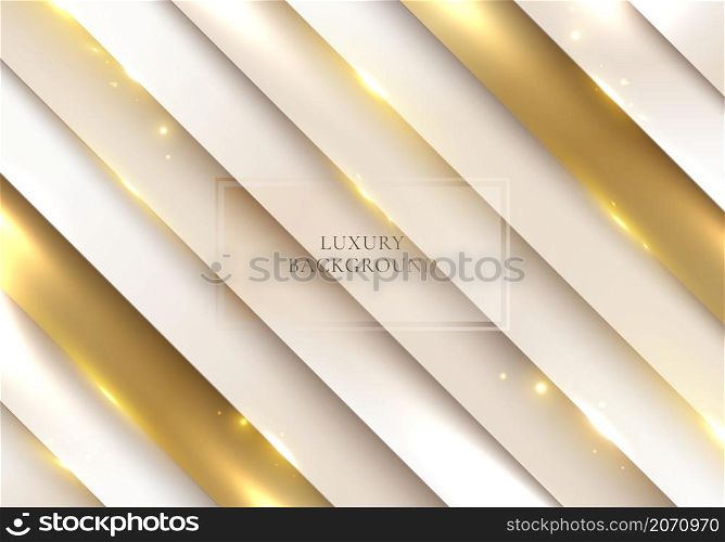 Abstract background white and gold diagonal layer stripes pattern with lighting sparkle decoration luxury style. Vector graphic illustration